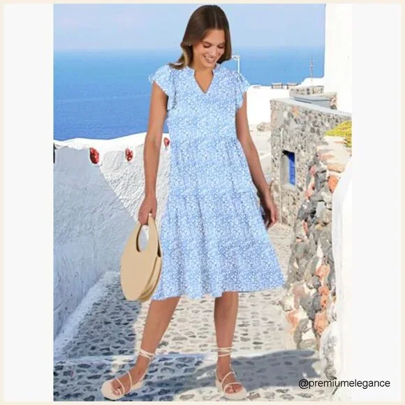 Ruffle Sleeve V-Neck Midi Dress, Flowy Tiered Boho Casual Sundress - Picture 5 of 7